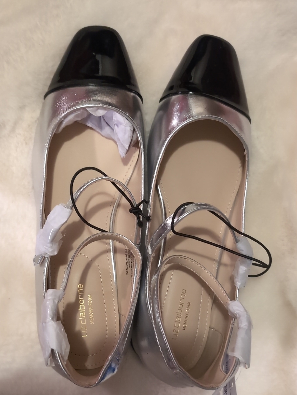 Liz Claiborne Silver Flats with Black Patent Cap Toe